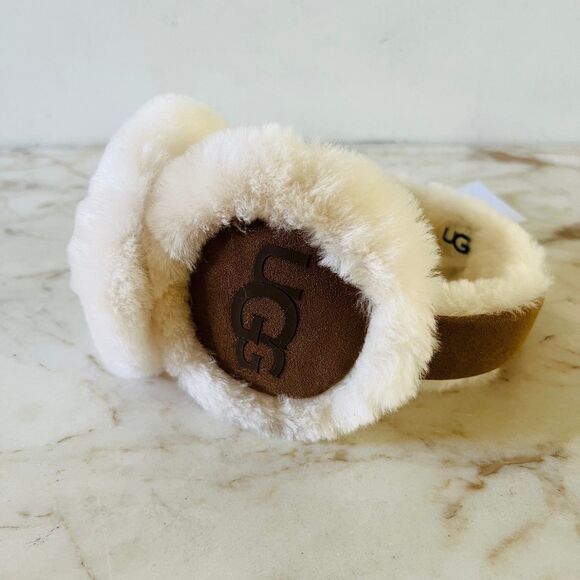 UGG Chestnut Brown Beige Suede Fur Shearling Earmuffs - Picture 2 of 12